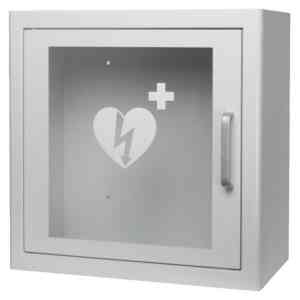 Larmat skåp till hjärtstartare i vit färg, framsida.